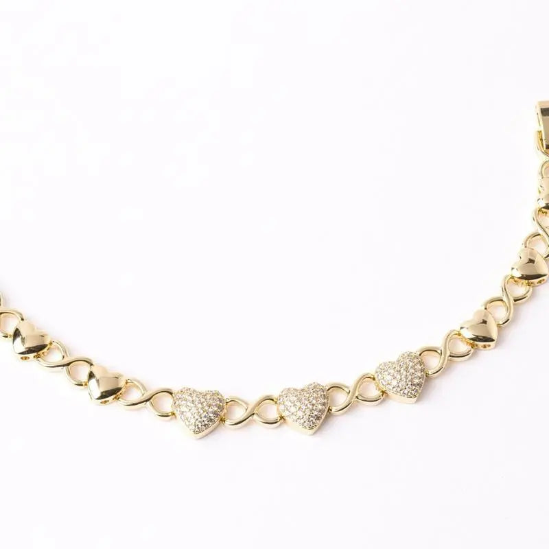 Classic Elegant 14K Gold Plated Cable Chain Bracelet with Interlocking Hearts - 17 Cm + 3 Cm Extension