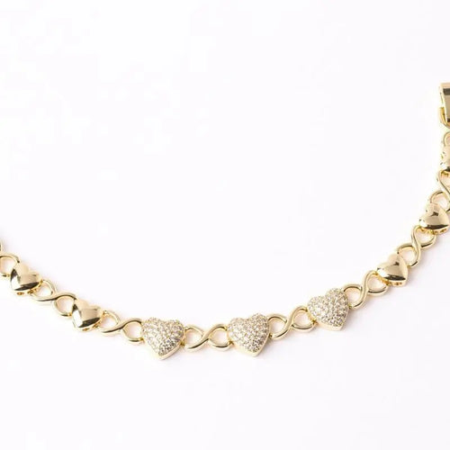 Classic Elegant 14K Gold Plated Cable Chain Bracelet with Interlocking Hearts - 17 Cm + 3 Cm Extension
