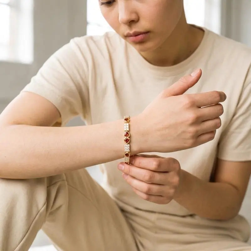 Classic Elegant 14K Gold Plated Cable Chain Bracelet with Interlocking Hearts - 17 Cm + 3 Cm Extension