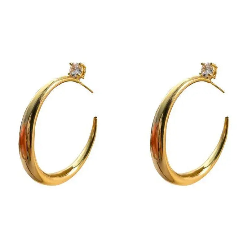 Women'S Gold C-Hoop Earrings - 4.0 Cm Chunky Vacuum-Plated Open Hybrid Hoops with Solitaire Cubic Zirconia Stud, Hypoallergenic Designer Inspired Bling Ear Stacking Jewelry for Night Out, Casual Wear, Gold Aesthetic