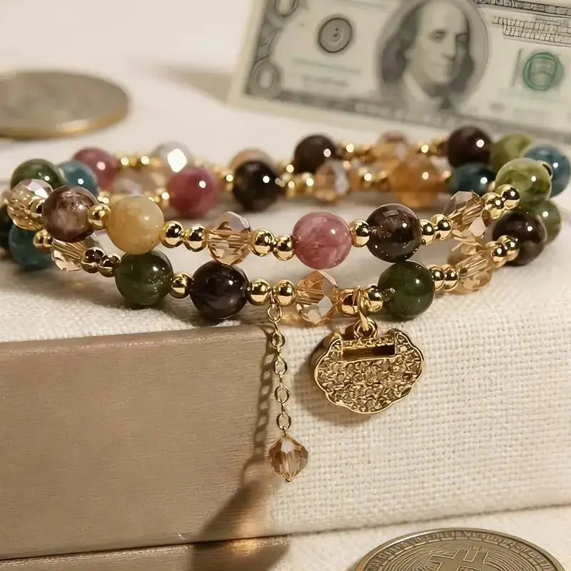 Unisex Double-Strand Stacked Crystal Bracelet - Fine Adult Costume Jewelry, Inspirational Beaded Lucky Money Attraction Piece with Positivity, Versatile for Any Occasion
