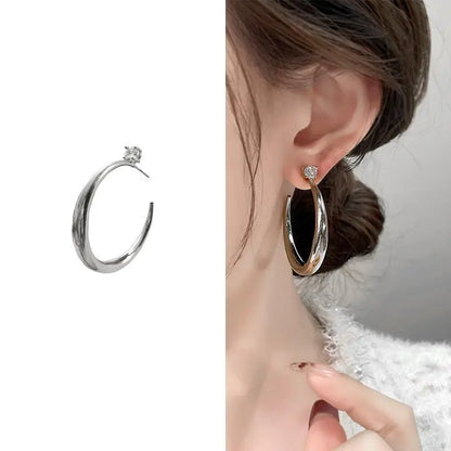 Women'S Gold C-Hoop Earrings - 4.0 Cm Chunky Vacuum-Plated Open Hybrid Hoops with Solitaire Cubic Zirconia Stud, Hypoallergenic Designer Inspired Bling Ear Stacking Jewelry for Night Out, Casual Wear, Gold Aesthetic