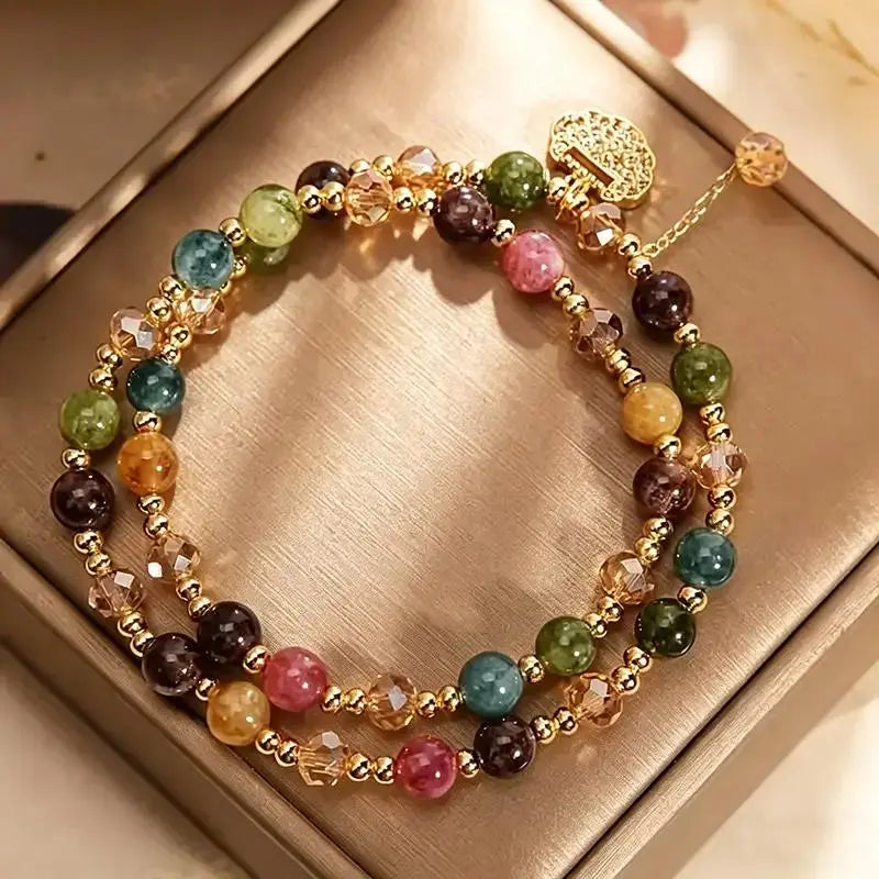 Unisex Double-Strand Stacked Crystal Bracelet - Fine Adult Costume Jewelry, Inspirational Beaded Lucky Money Attraction Piece with Positivity, Versatile for Any Occasion